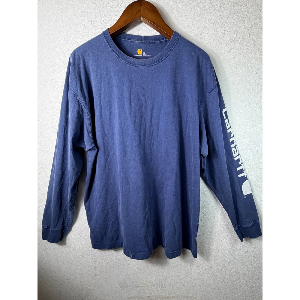 Carhartt Mens Long Sleeve Graphic Tee Blue XL Workwear Logo Shirt Distressed